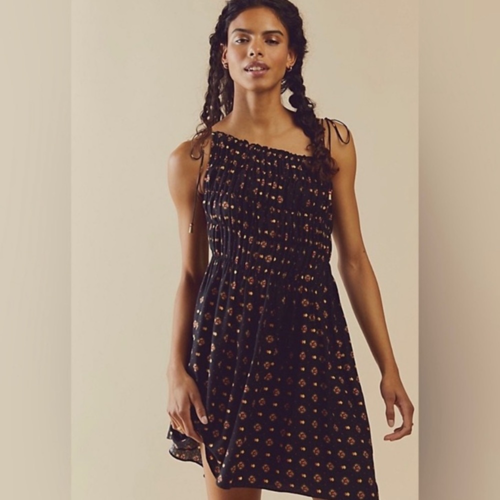 Free People Clementina Black Geometric Print Smocked Dress NWT S